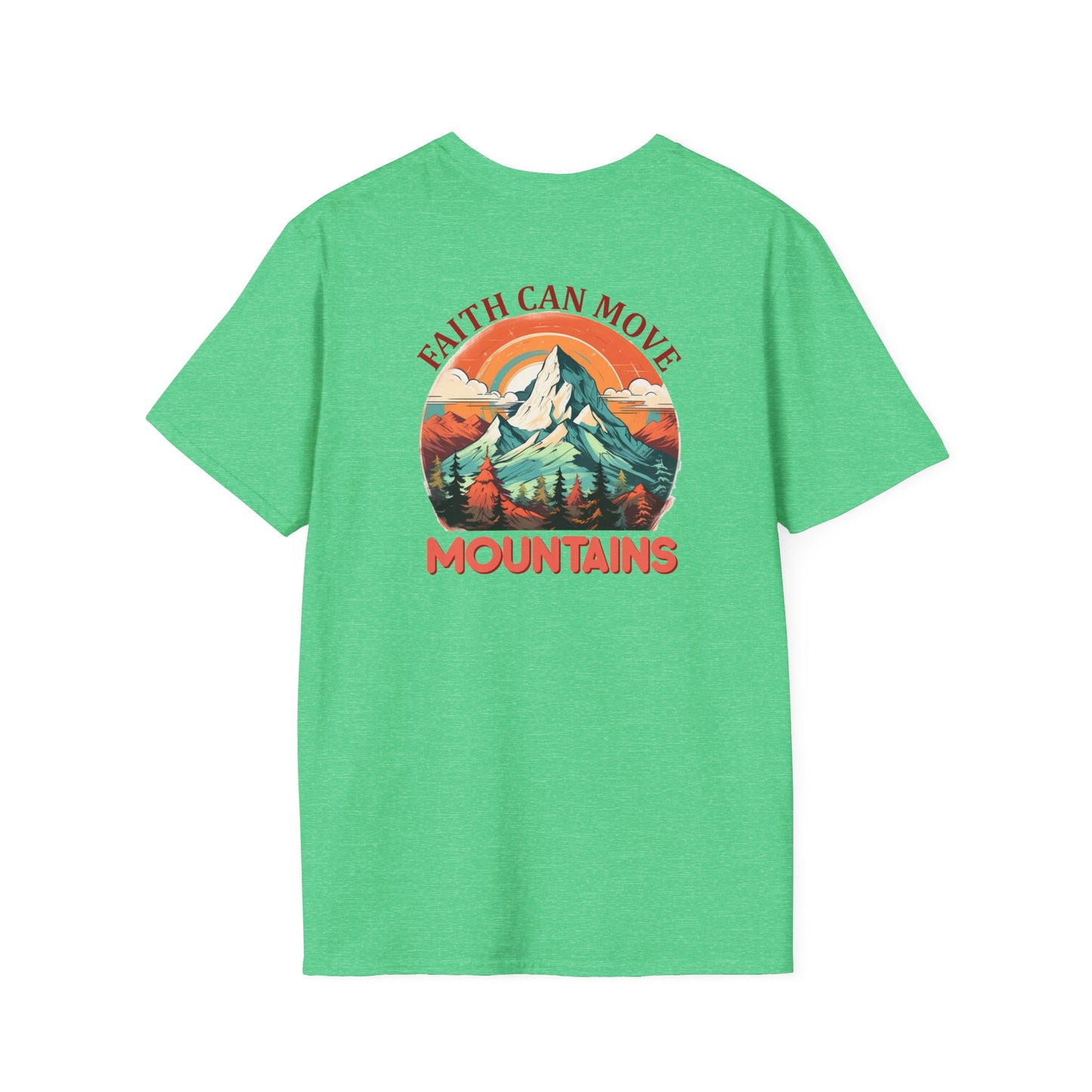 "Faith Can Move Mountains" Retro Unisex Softstyle T-Shirt Back Design