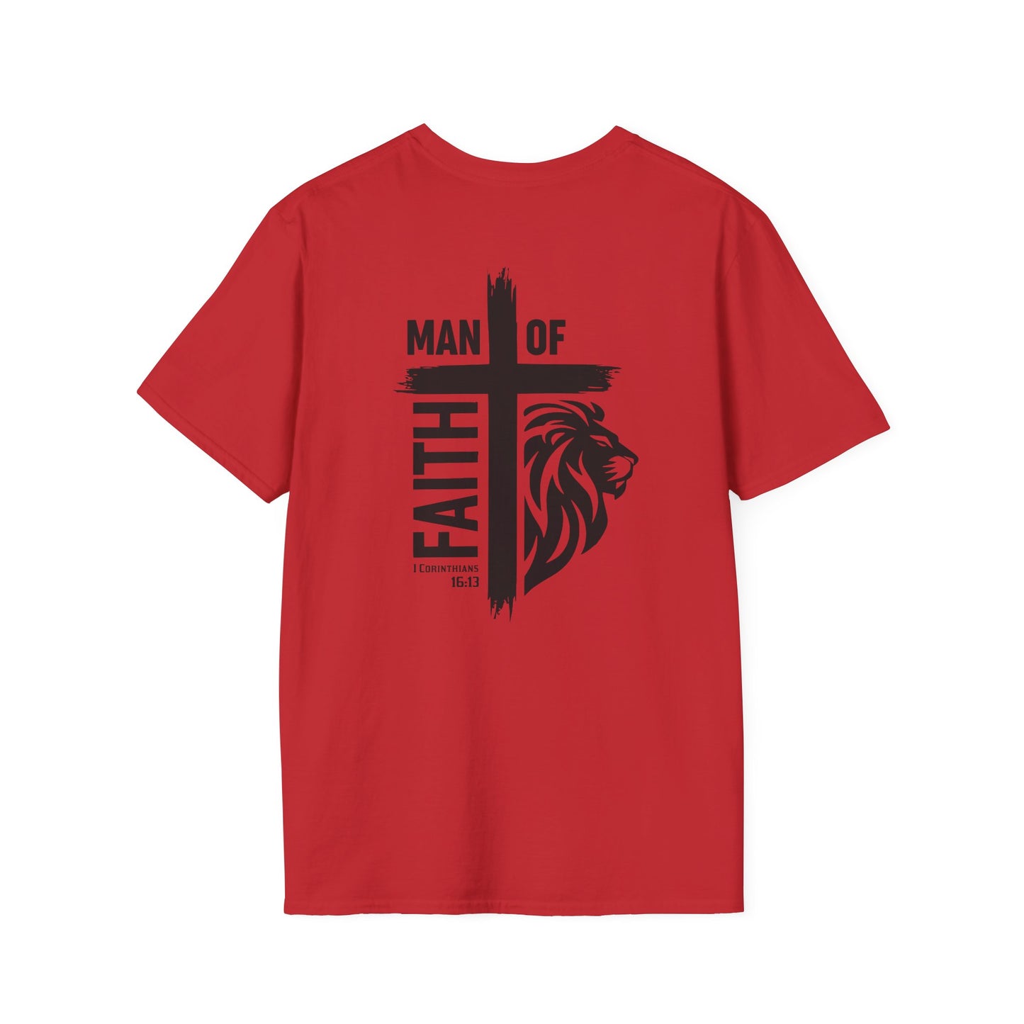 Man of Faith Cross Lion Back Print Unisex Softstyle T-Shirt
