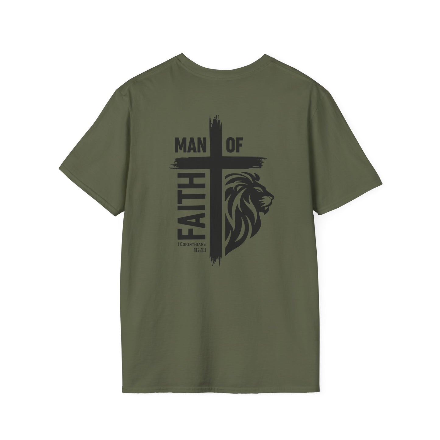 Man of Faith Cross Lion Back Print Unisex Softstyle T-Shirt