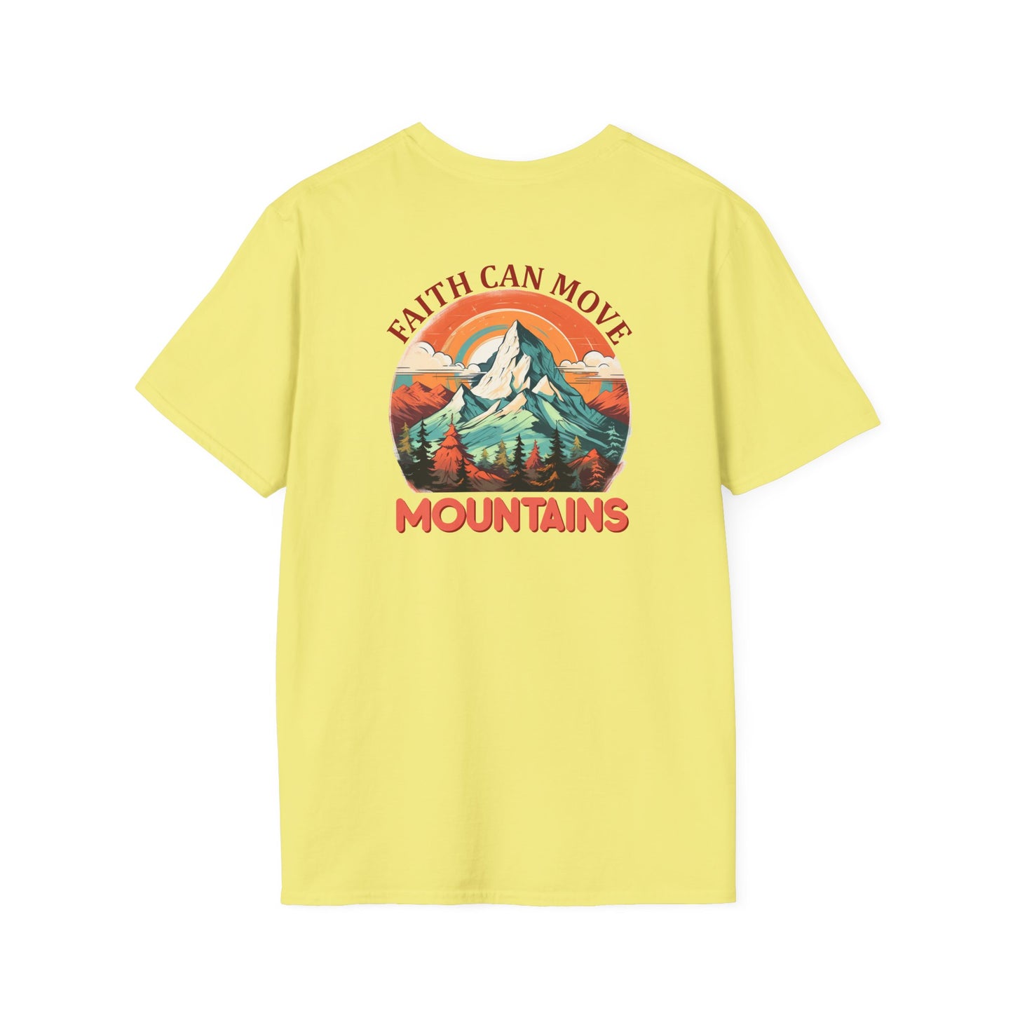"Faith Can Move Mountains" Retro Unisex Softstyle T-Shirt Back Design