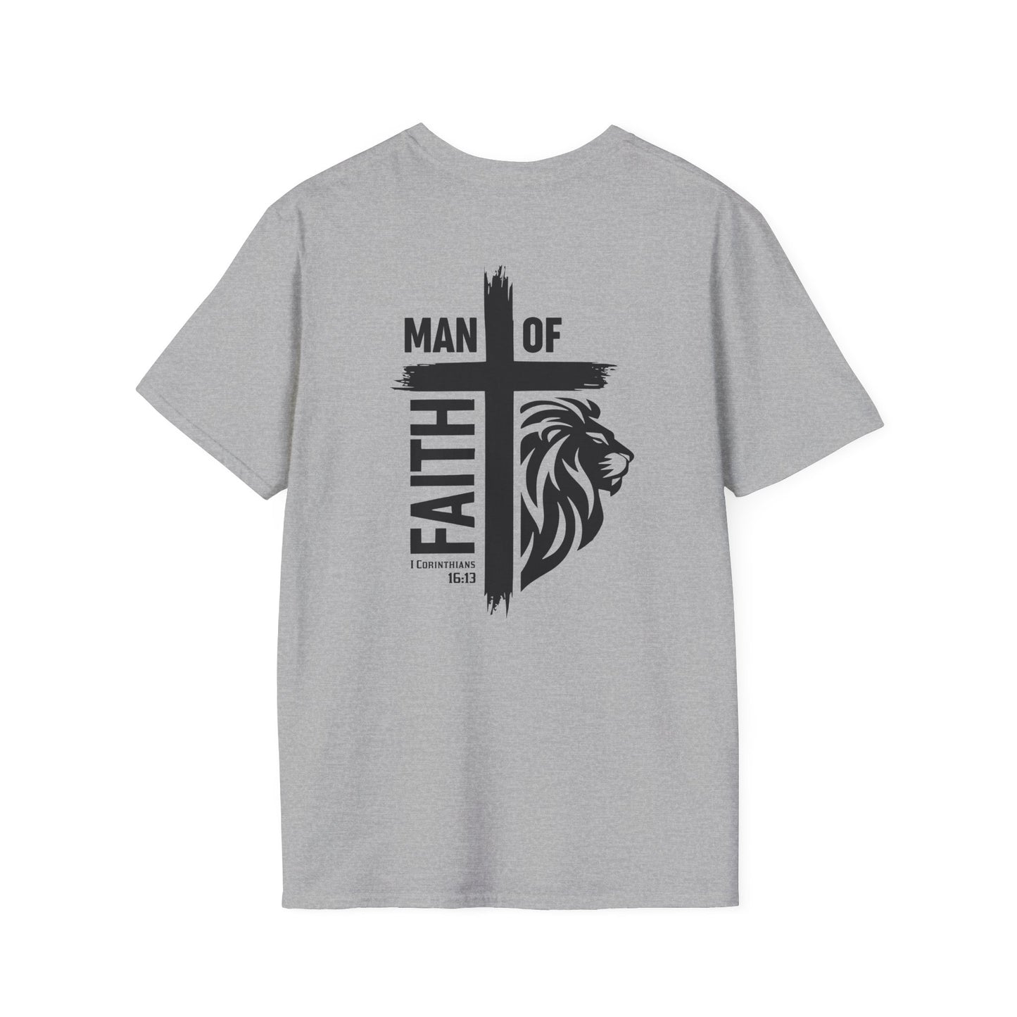 Man of Faith Cross Lion Back Print Unisex Softstyle T-Shirt