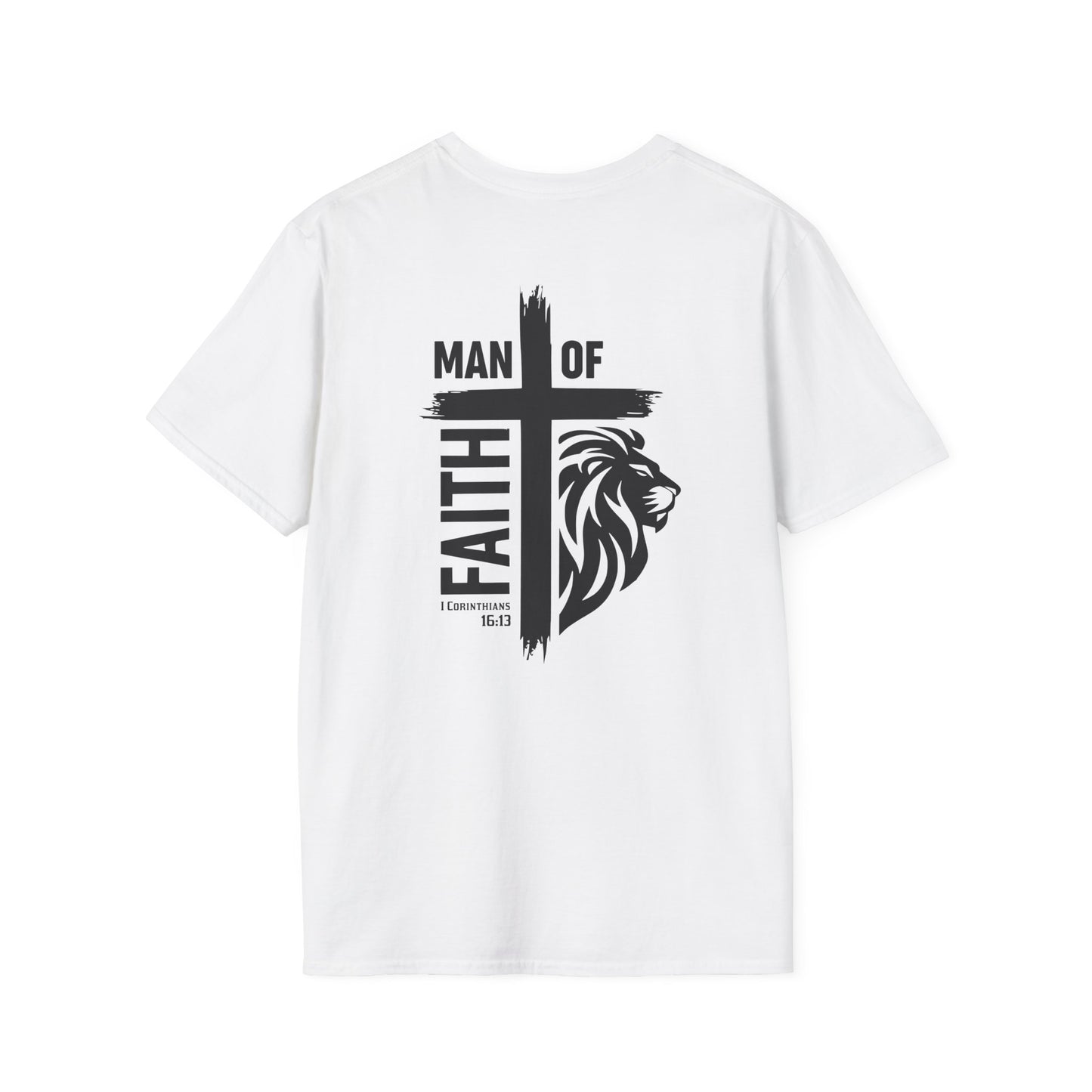Man of Faith Cross Lion Back Print Unisex Softstyle T-Shirt