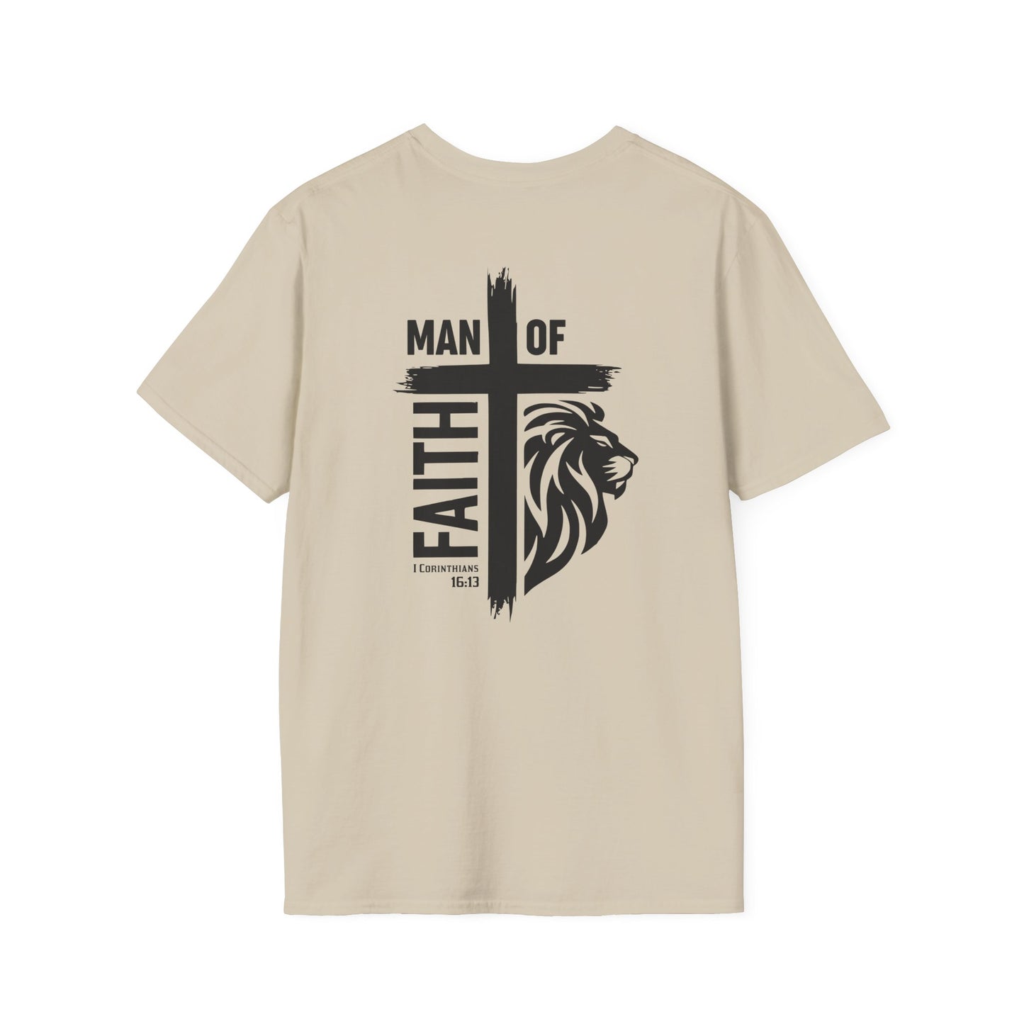 Man of Faith Cross Lion Back Print Unisex Softstyle T-Shirt