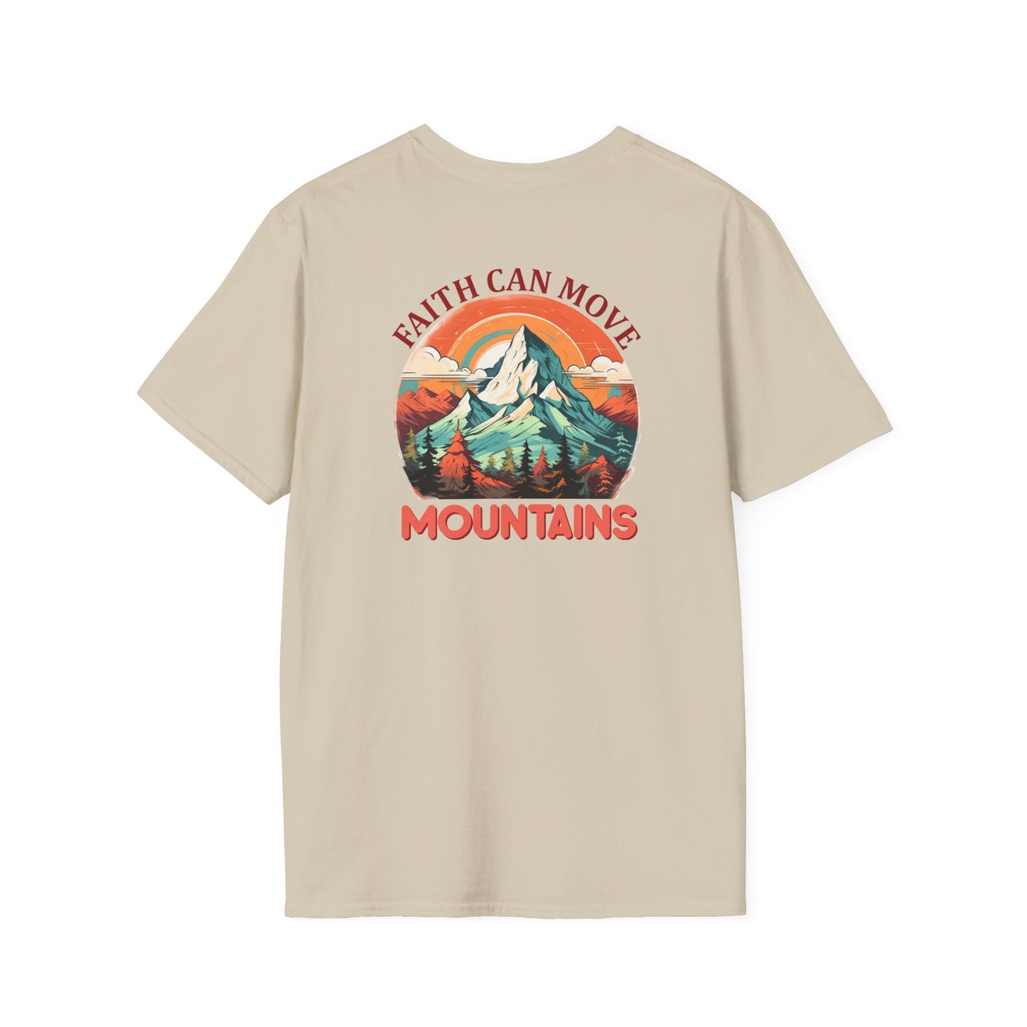 "Faith Can Move Mountains" Retro Unisex Softstyle T-Shirt Back Design