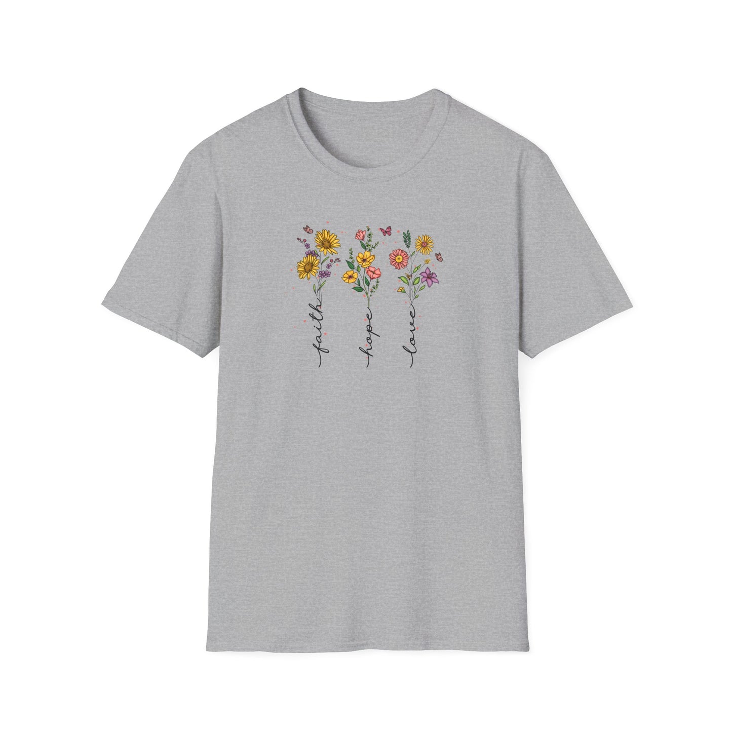 "Faith Hope Love" Flowers Unisex Softstyle T-Shirt