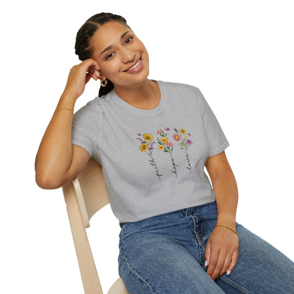 "Faith Hope Love" Flowers Unisex Softstyle T-Shirt