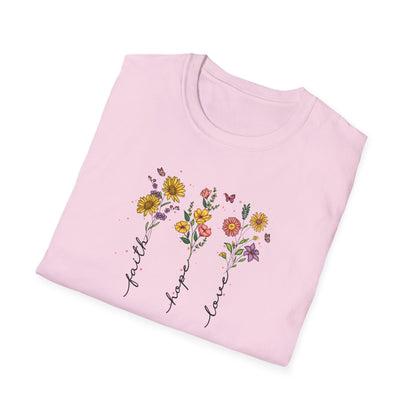 "Faith Hope Love" Flowers Unisex Softstyle T-Shirt
