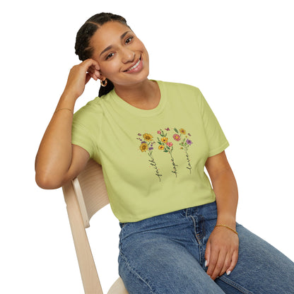 "Faith Hope Love" Flowers Unisex Softstyle T-Shirt