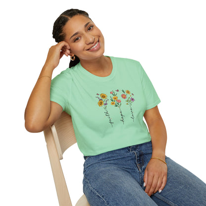 "Faith Hope Love" Flowers Unisex Softstyle T-Shirt