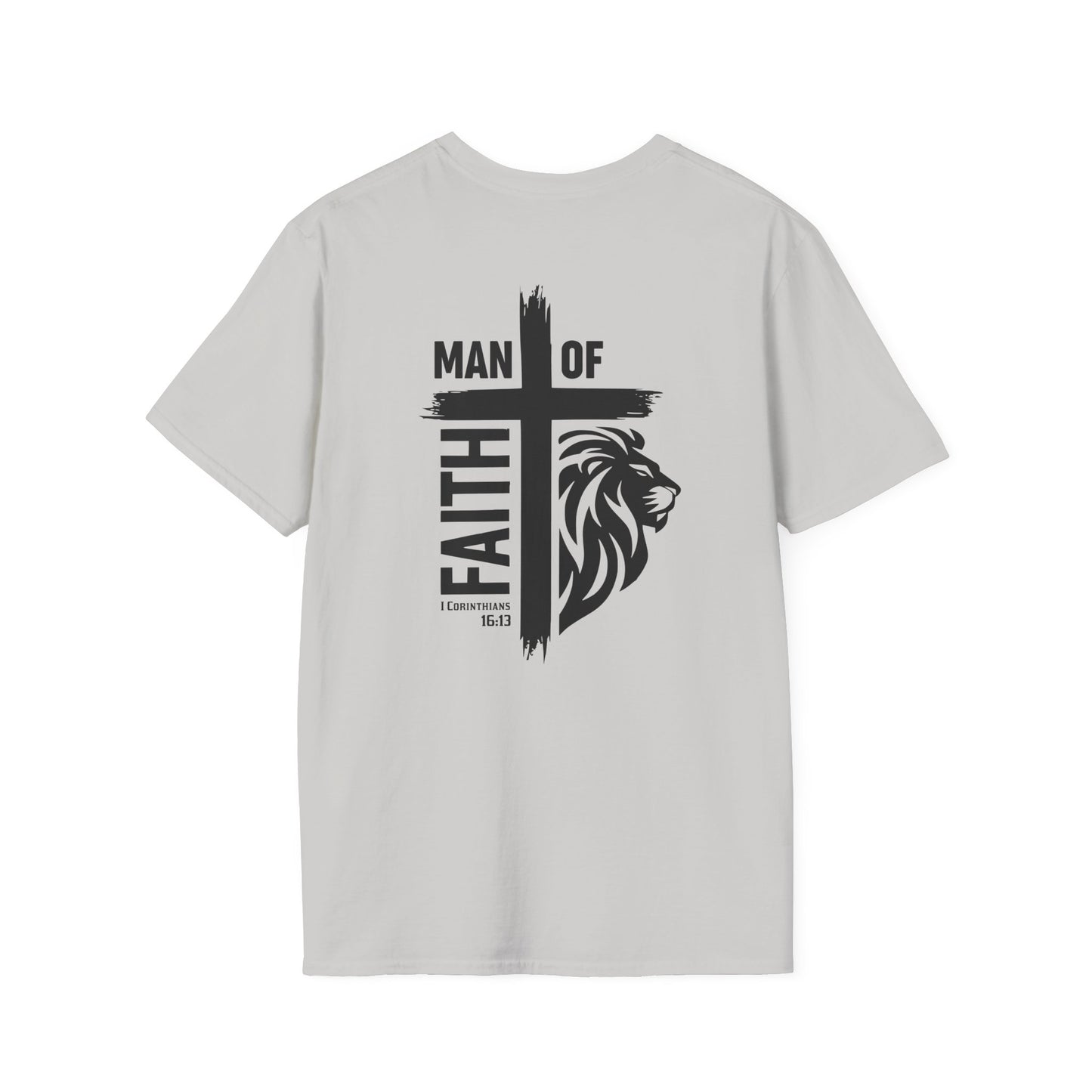 Man of Faith Cross Lion Back Print Unisex Softstyle T-Shirt