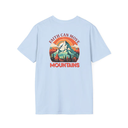 "Faith Can Move Mountains" Retro Unisex Softstyle T-Shirt Back Design