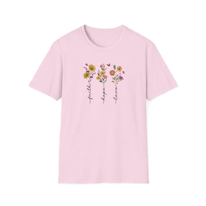 "Faith Hope Love" Flowers Unisex Softstyle T-Shirt