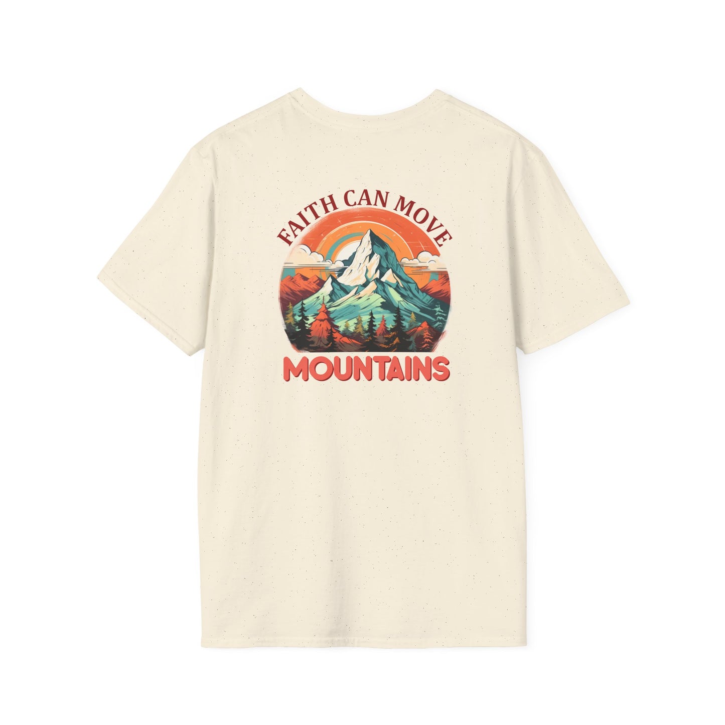 "Faith Can Move Mountains" Retro Unisex Softstyle T-Shirt Back Design