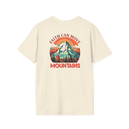 "Faith Can Move Mountains" Retro Unisex Softstyle T-Shirt Back Design