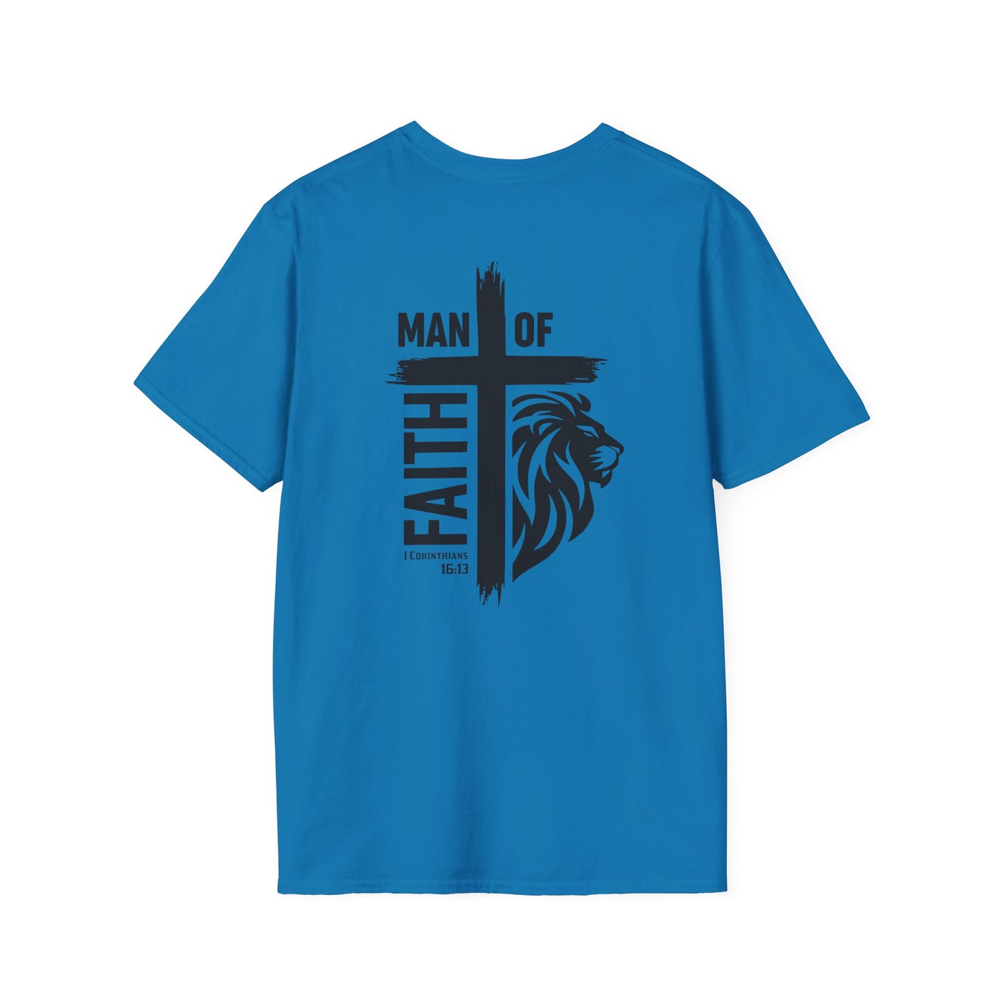 Man of Faith Cross Lion Back Print Unisex Softstyle T-Shirt
