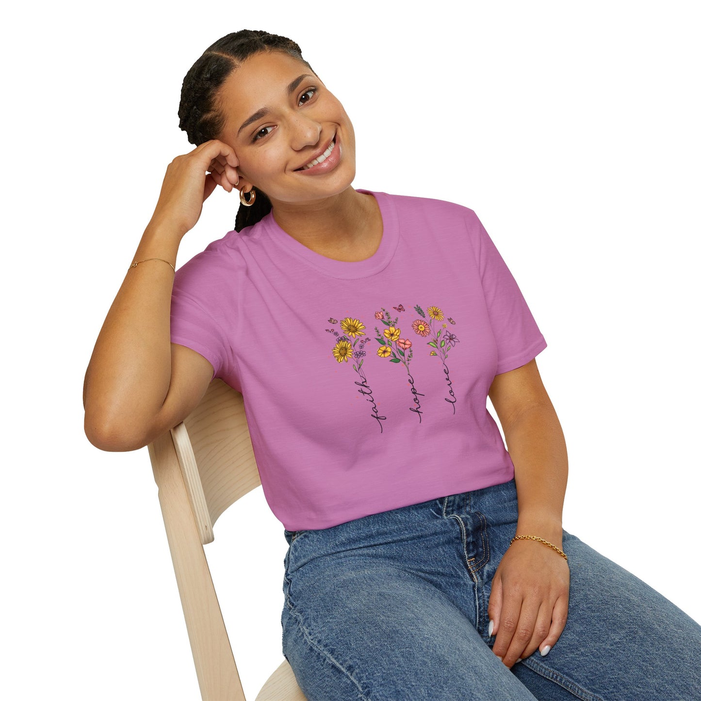 "Faith Hope Love" Flowers Unisex Softstyle T-Shirt