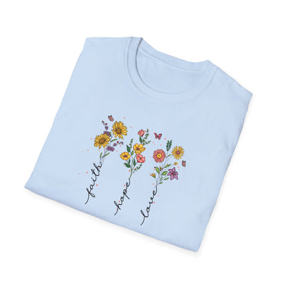 "Faith Hope Love" Flowers Unisex Softstyle T-Shirt