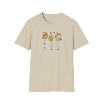 "Faith Hope Love" Flowers Unisex Softstyle T-Shirt