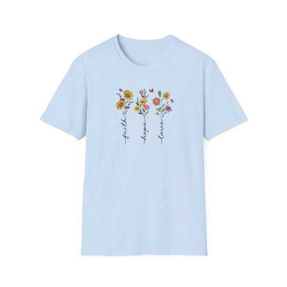 "Faith Hope Love" Flowers Unisex Softstyle T-Shirt