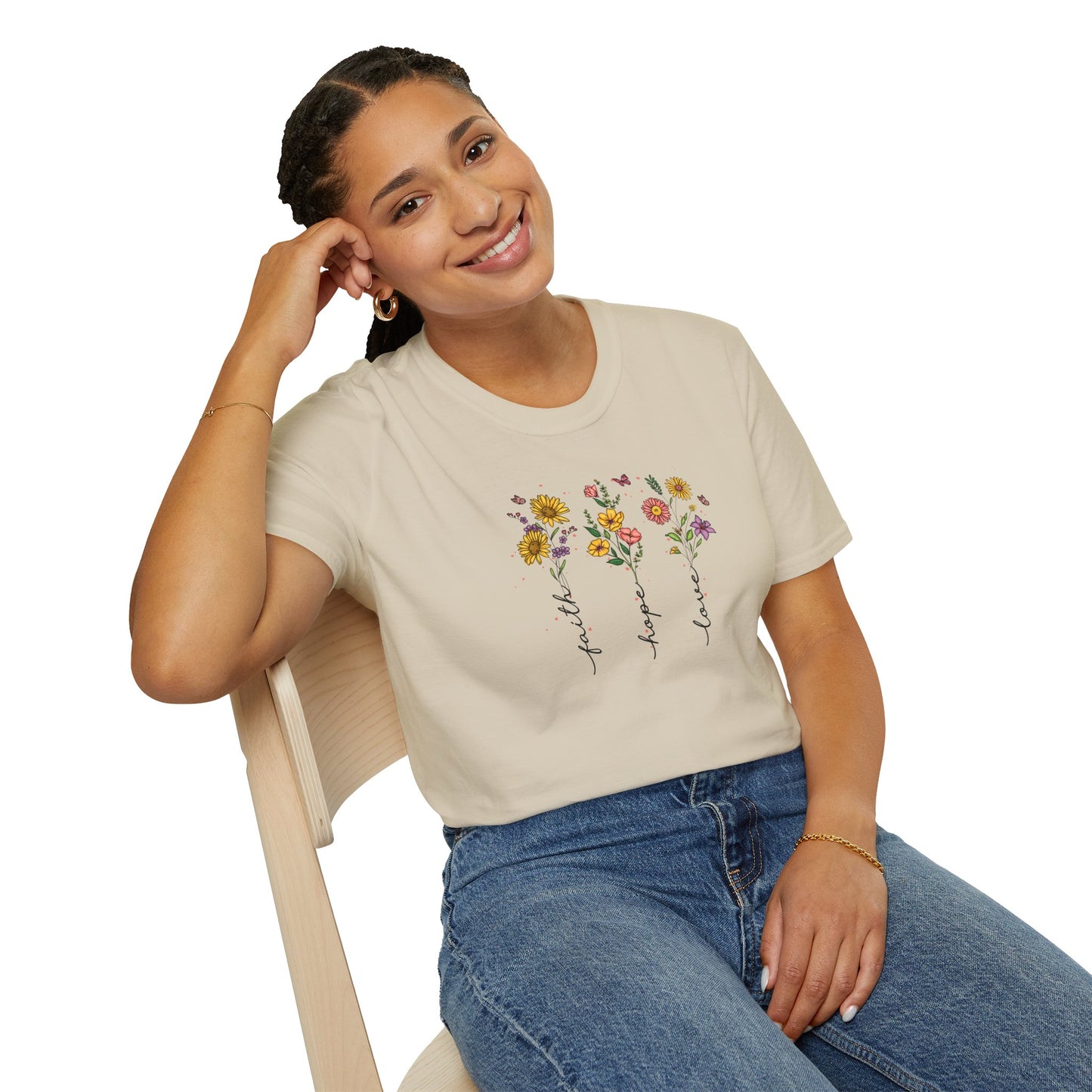 "Faith Hope Love" Flowers Unisex Softstyle T-Shirt