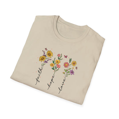 "Faith Hope Love" Flowers Unisex Softstyle T-Shirt