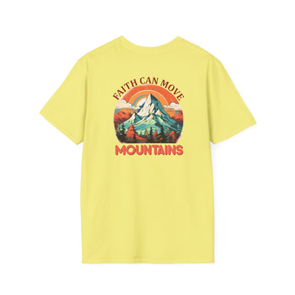 "Faith Can Move Mountains" Retro Unisex Softstyle T-Shirt Back Design