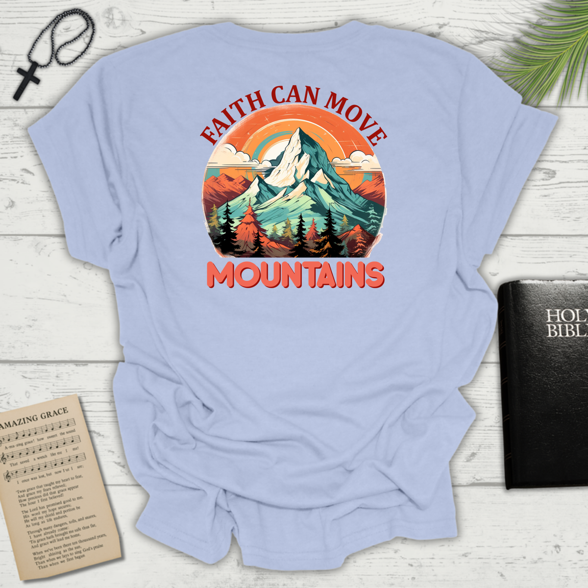 "Faith Can Move Mountains" Retro Unisex Softstyle T-Shirt Back Design