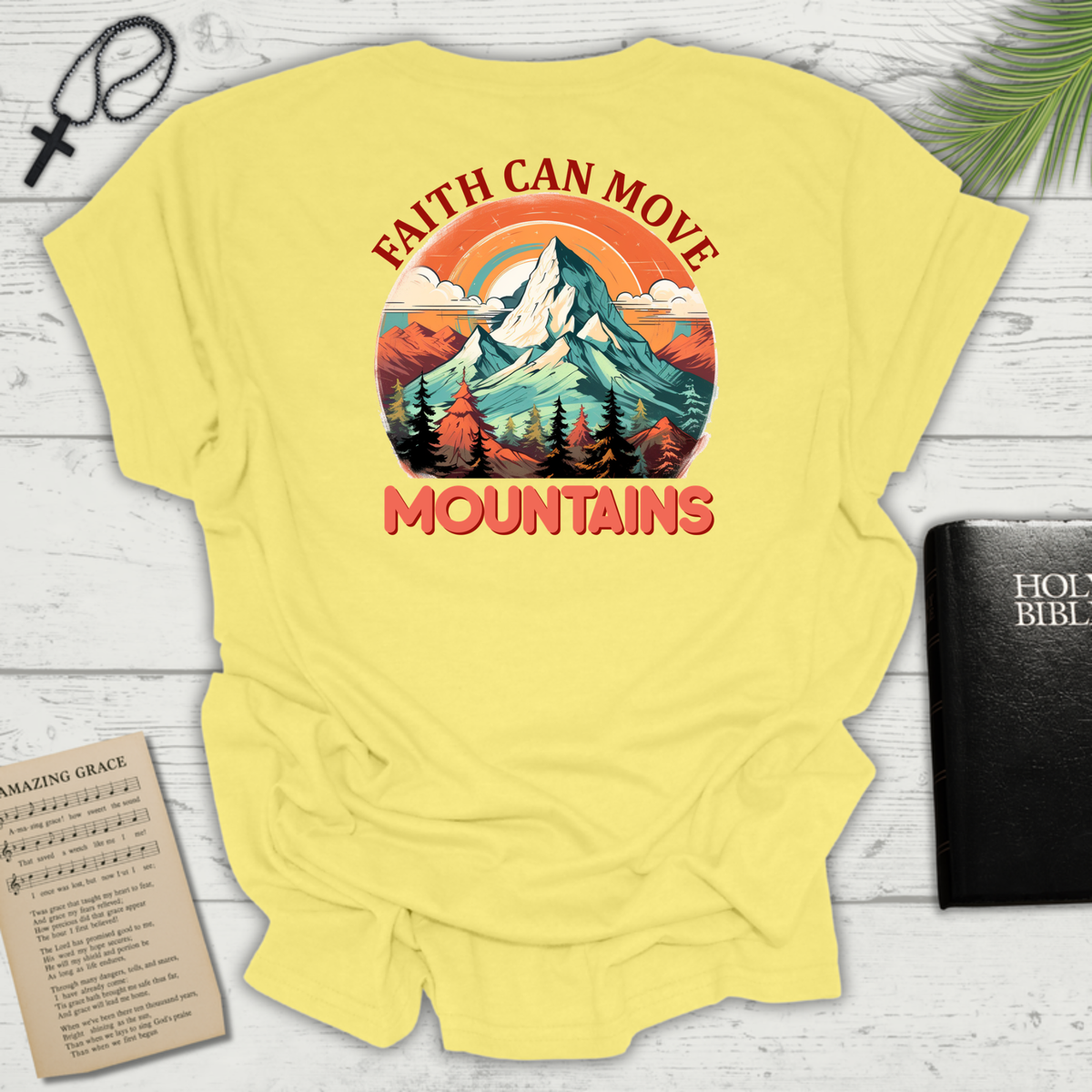 "Faith Can Move Mountains" Retro Unisex Softstyle T-Shirt Back Design