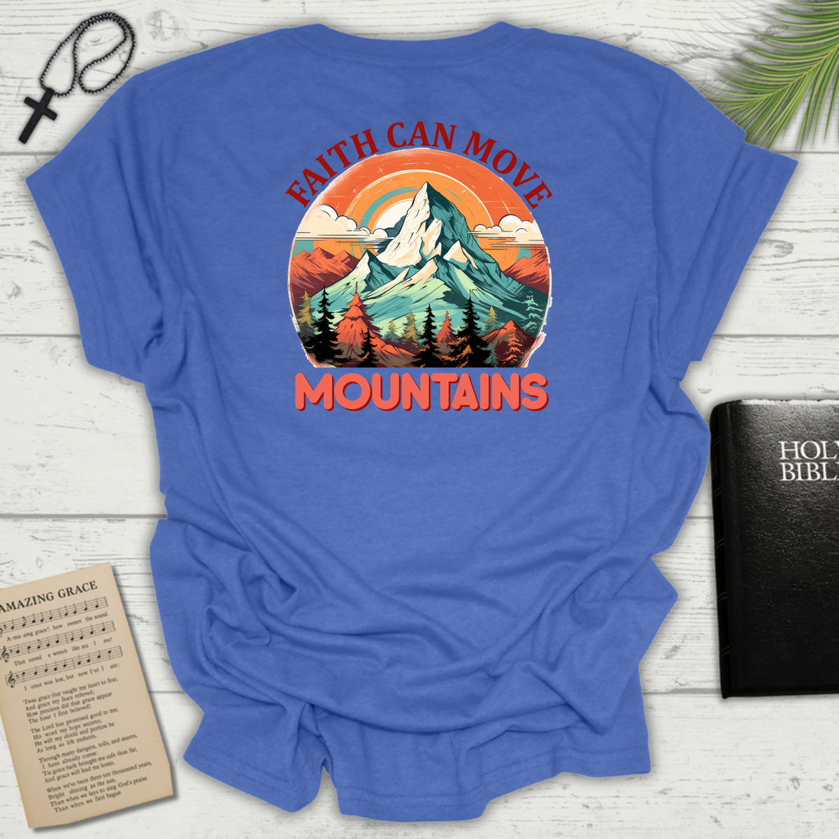 "Faith Can Move Mountains" Retro Unisex Softstyle T-Shirt Back Design