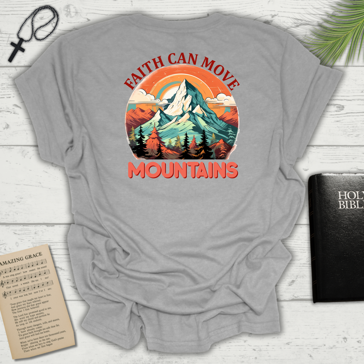 "Faith Can Move Mountains" Retro Unisex Softstyle T-Shirt Back Design