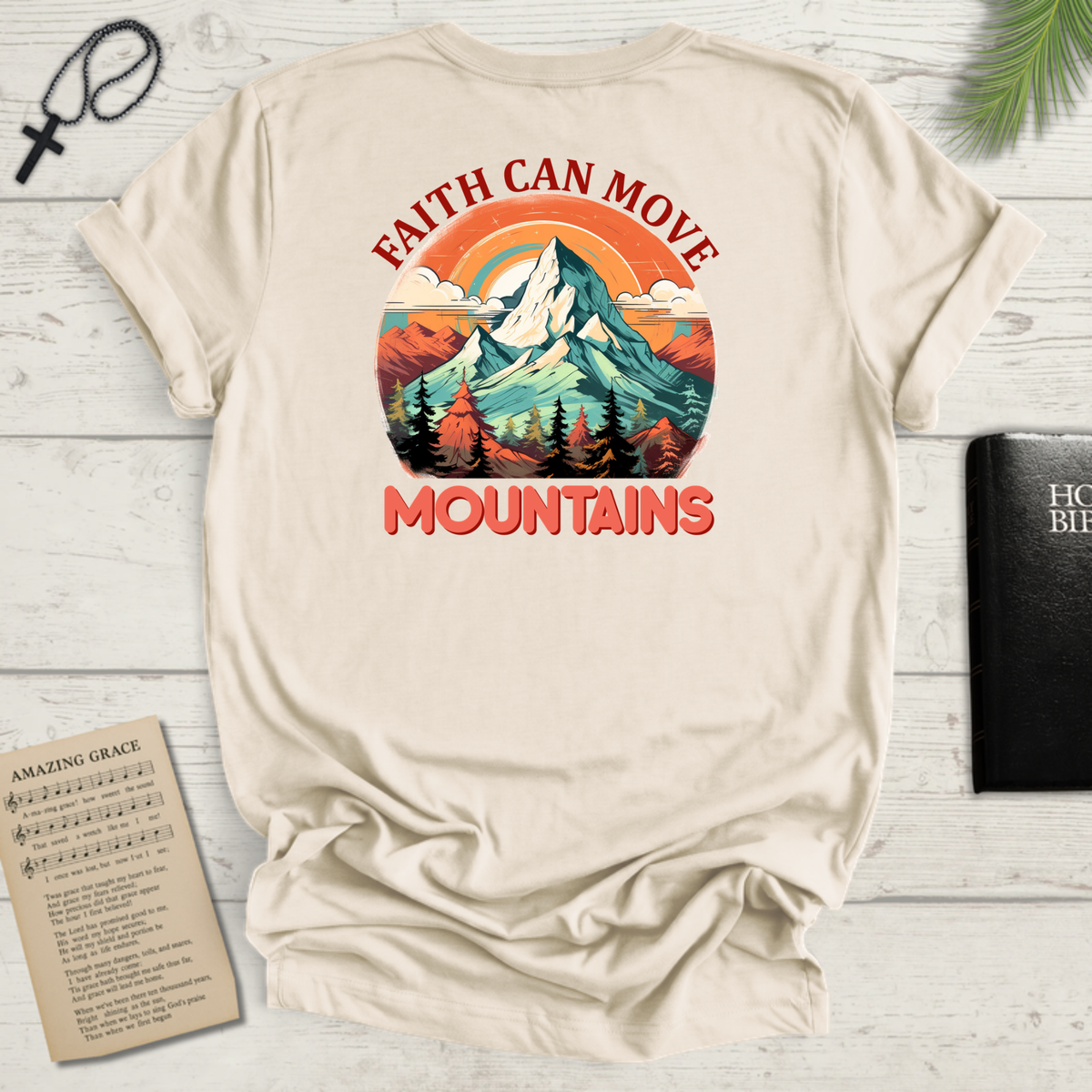 "Faith Can Move Mountains" Retro Unisex Softstyle T-Shirt Back Design