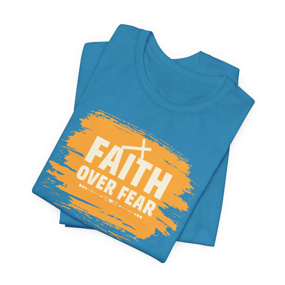 Faith Over Fear Orange Brush T-Shirt — Christian Inspirational Tee with Cross