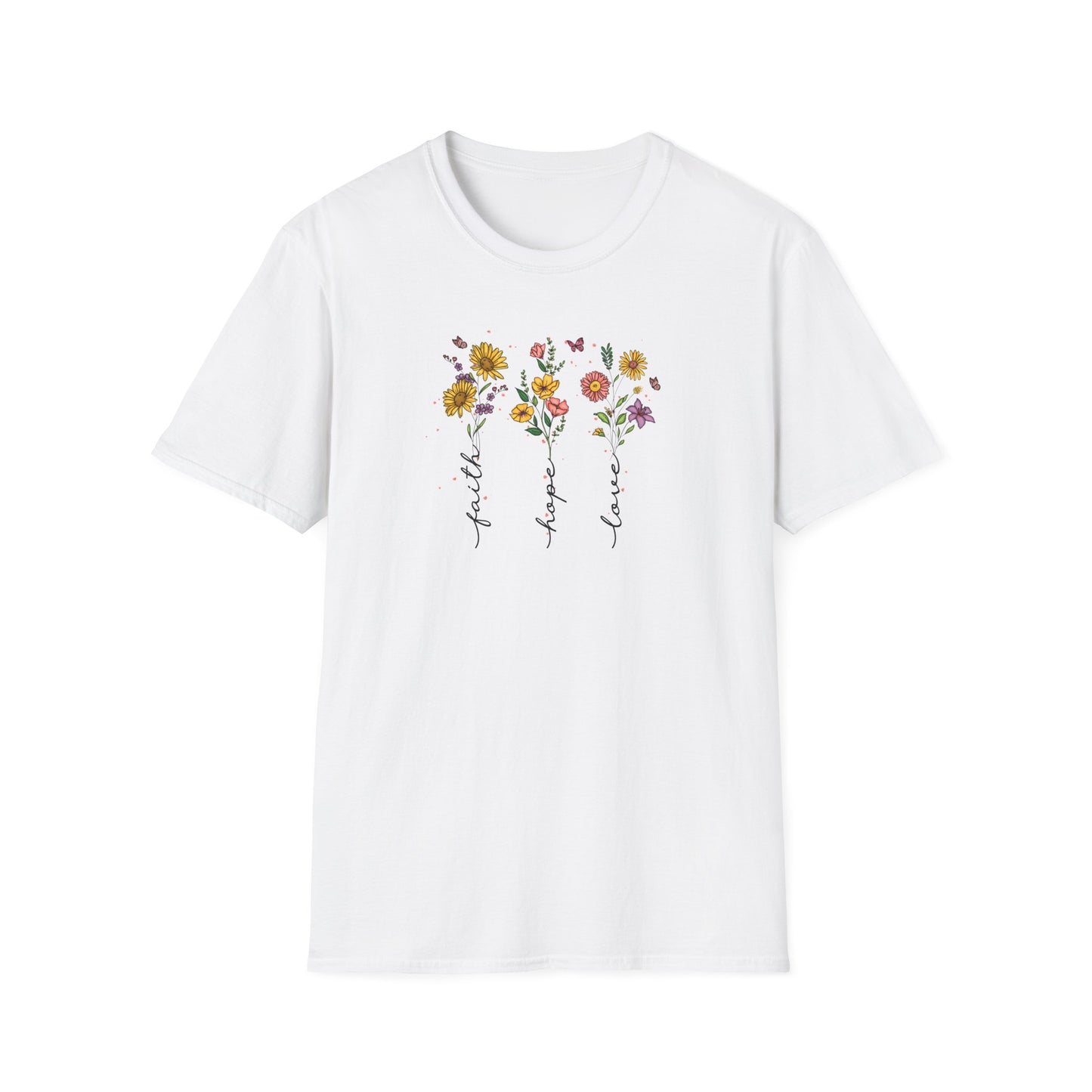 "Faith Hope Love" Flowers Unisex Softstyle T-Shirt