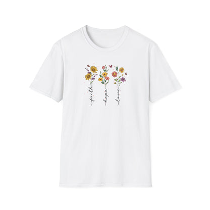"Faith Hope Love" Flowers Unisex Softstyle T-Shirt