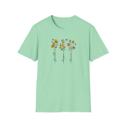 "Faith Hope Love" Flowers Unisex Softstyle T-Shirt