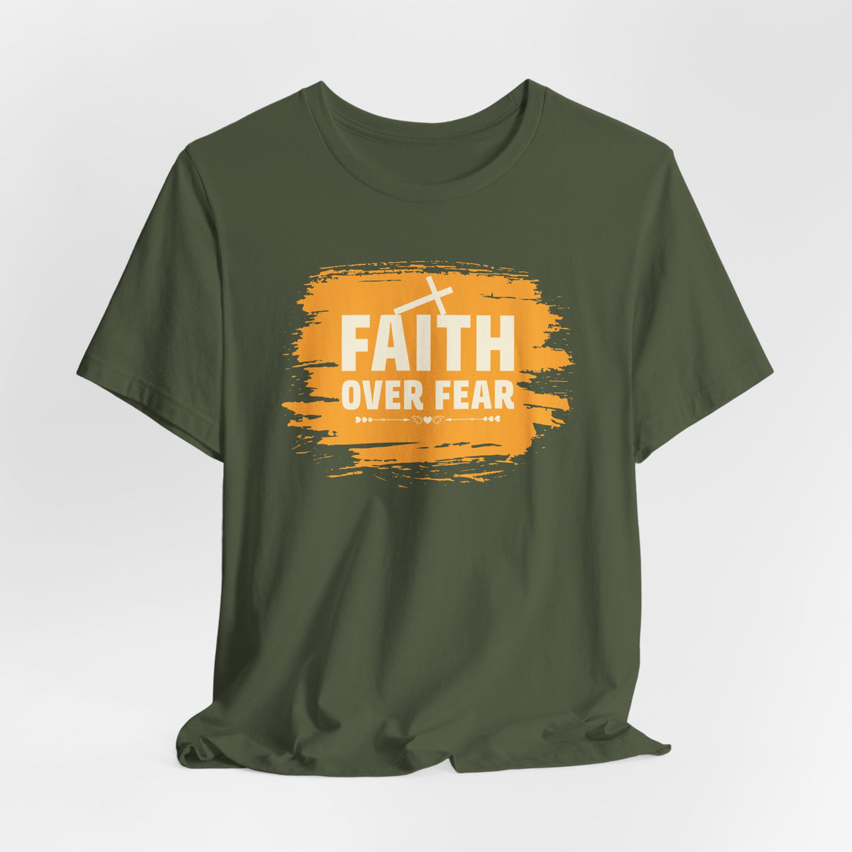 Faith Over Fear Orange Brush T-Shirt — Christian Inspirational Tee with Cross