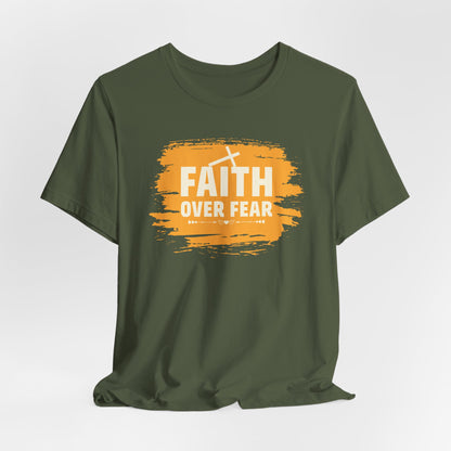 Faith Over Fear Orange Brush T-Shirt — Christian Inspirational Tee with Cross