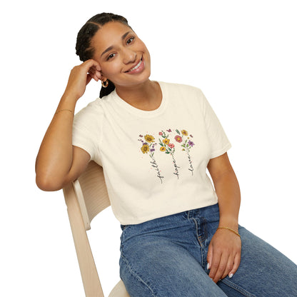 "Faith Hope Love" Flowers Unisex Softstyle T-Shirt