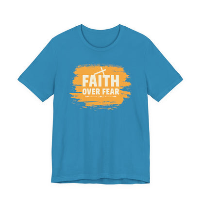 Faith Over Fear Orange Brush T-Shirt — Christian Inspirational Tee with Cross
