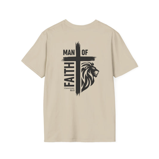 Man of Faith Cross Lion Back Print Unisex Softstyle T-Shirt