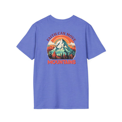 "Faith Can Move Mountains" Retro Unisex Softstyle T-Shirt Back Design