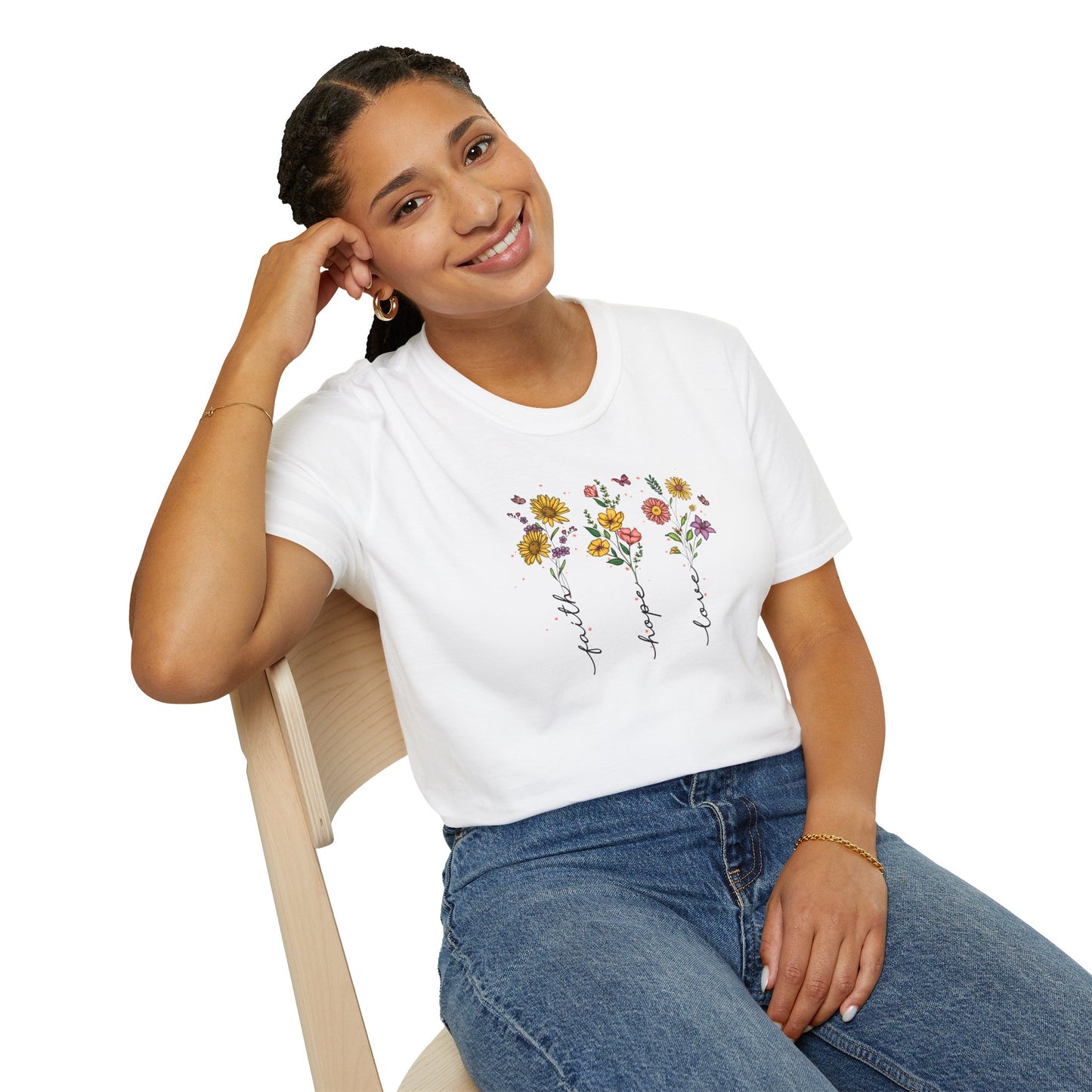 "Faith Hope Love" Flowers Unisex Softstyle T-Shirt