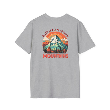 "Faith Can Move Mountains" Retro Unisex Softstyle T-Shirt Back Design