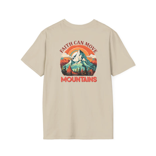 "Faith Can Move Mountains" Retro Unisex Softstyle T-Shirt Back Design