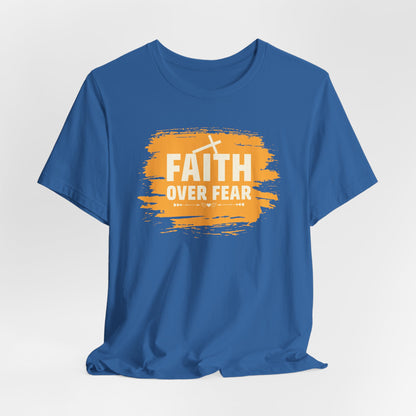 Faith Over Fear Orange Brush T-Shirt — Christian Inspirational Tee with Cross
