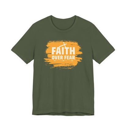 Faith Over Fear Orange Brush T-Shirt — Christian Inspirational Tee with Cross