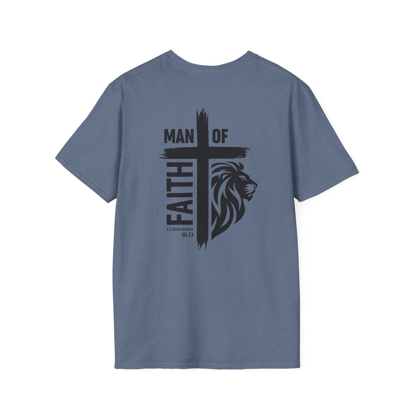 Man of Faith Cross Lion Back Print Unisex Softstyle T-Shirt
