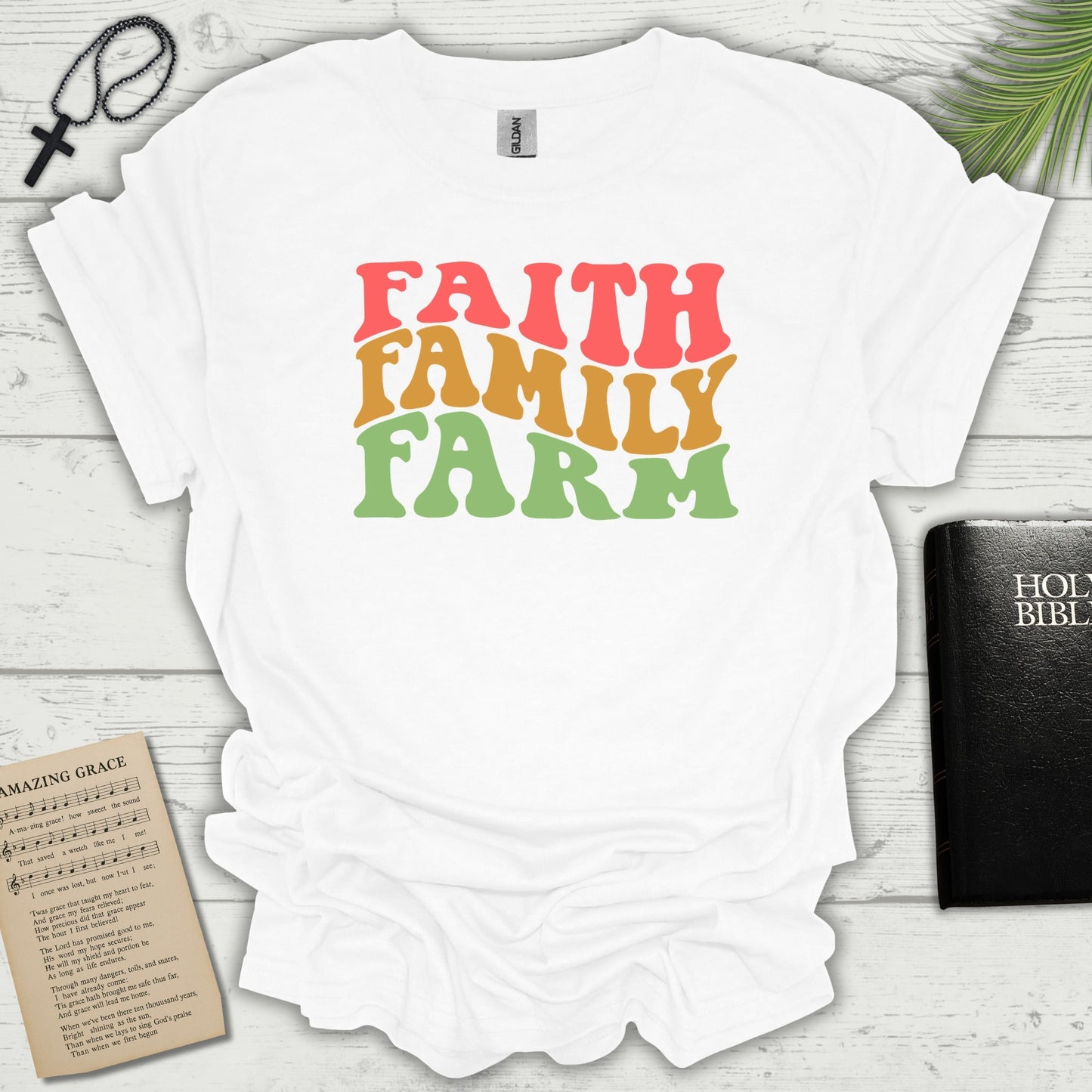 Faith Family Farm T-shirt flat lay mockup