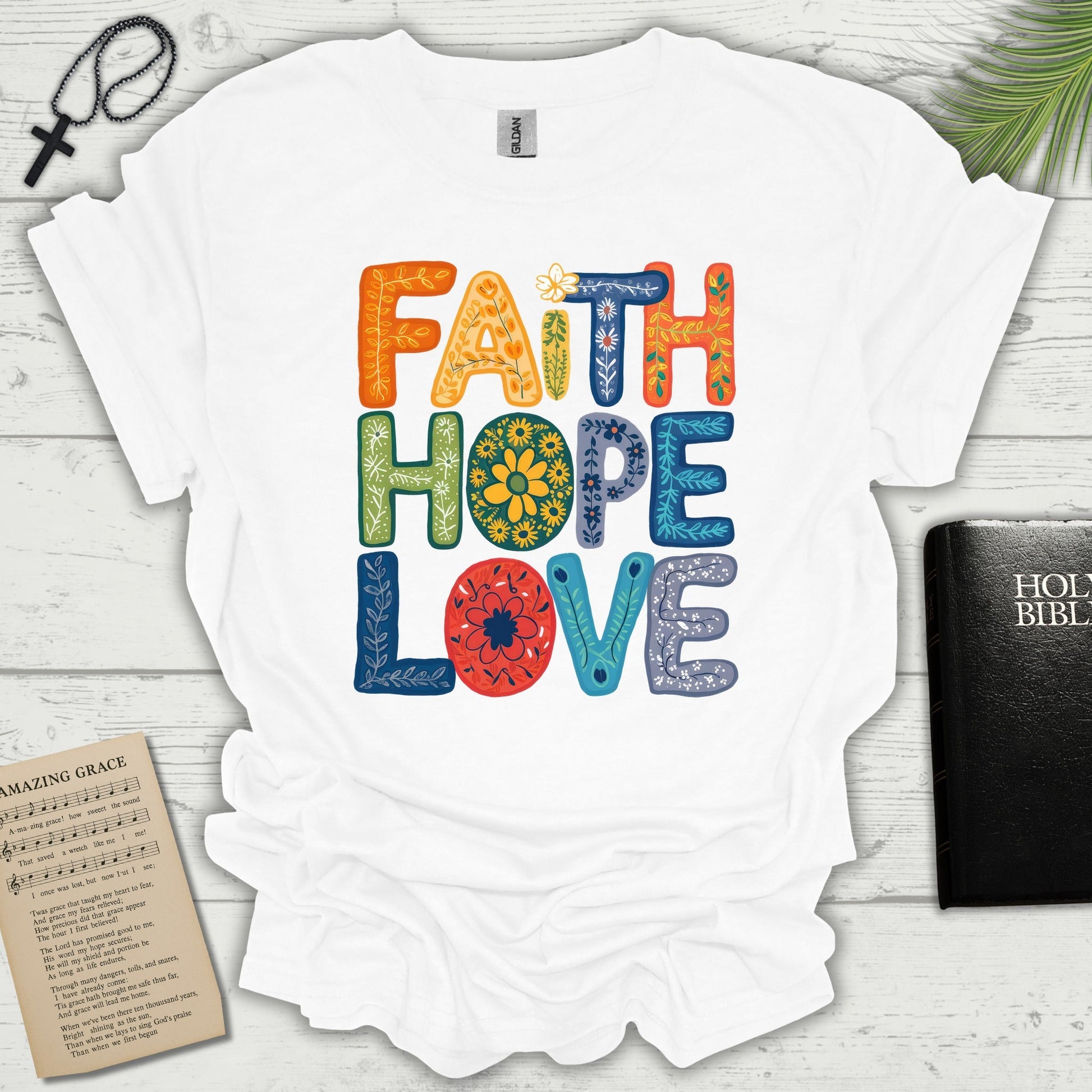 Faith Hope Love T-shirt flat lay mockup