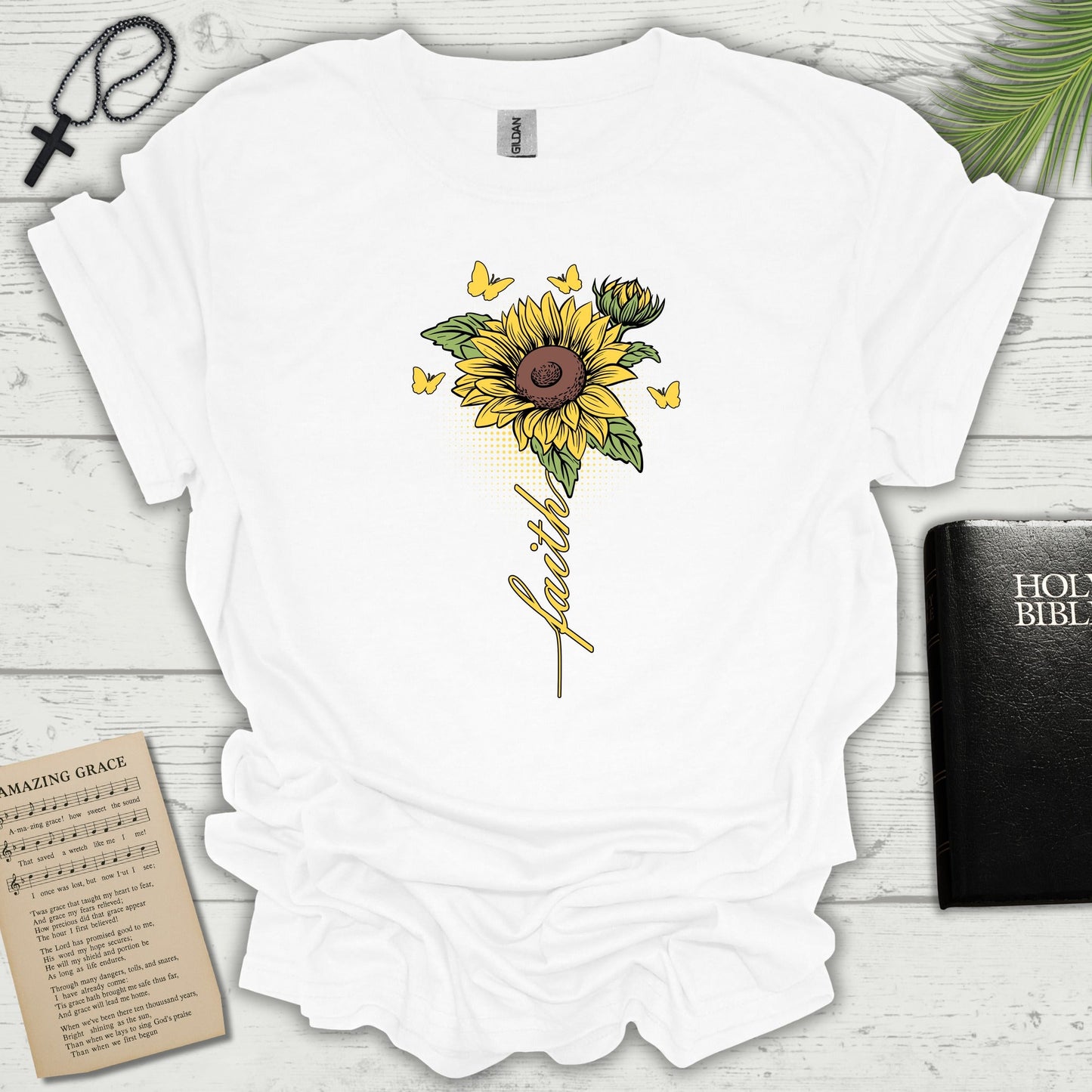 Faith Sunflower T-shirt flat lay mockup